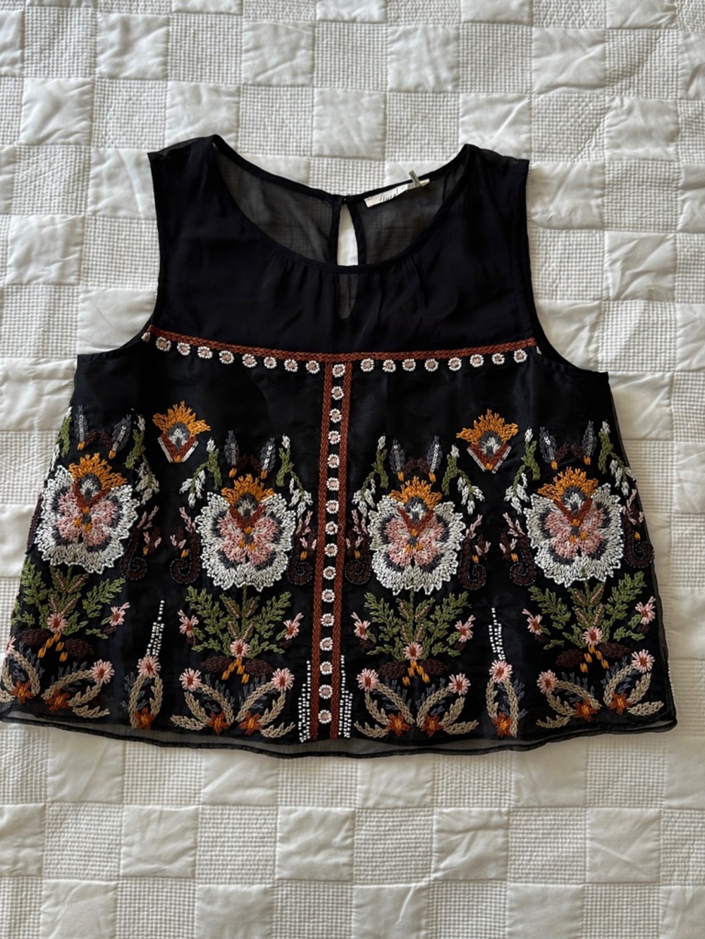 Embroidered Beaded Black Sleeveless Floral Tank Top